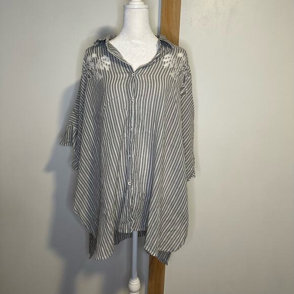 Maeve Anthropologie gray & white striped oversize button down shirt size XS/S - Picture 3 of 13